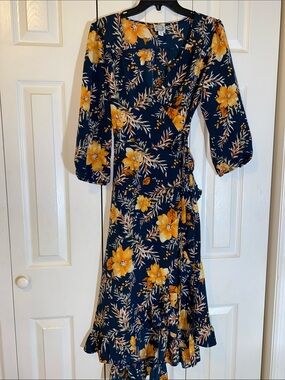 Blue Sky Navy Wrap Midi Dress with Yellow Floral Print- NWOT